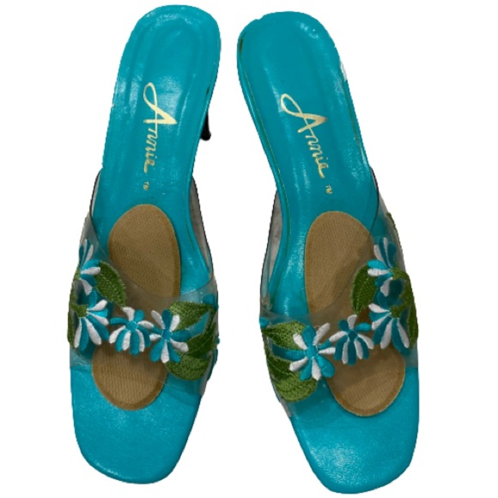 Annie Slides Lucite Block Heel Embroidered Vamp - image 1